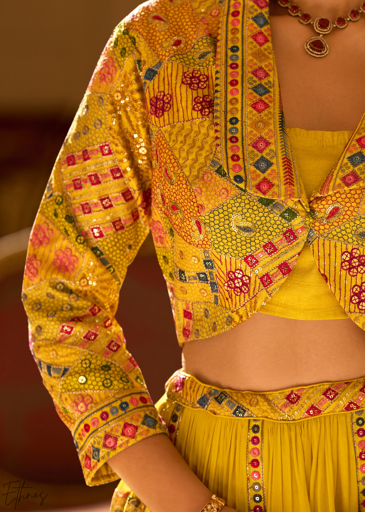 Saffron Mosaic Georgette  Bolero & Flared Lehenga Set
