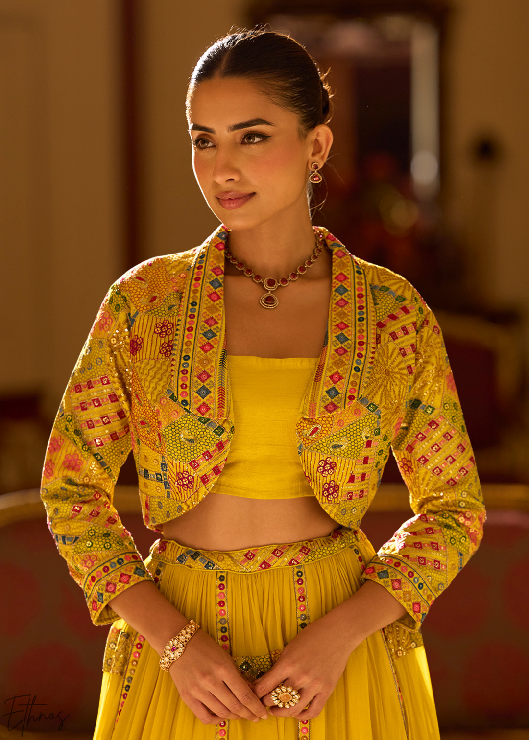 Saffron Mosaic Georgette  Bolero & Flared Lehenga Set