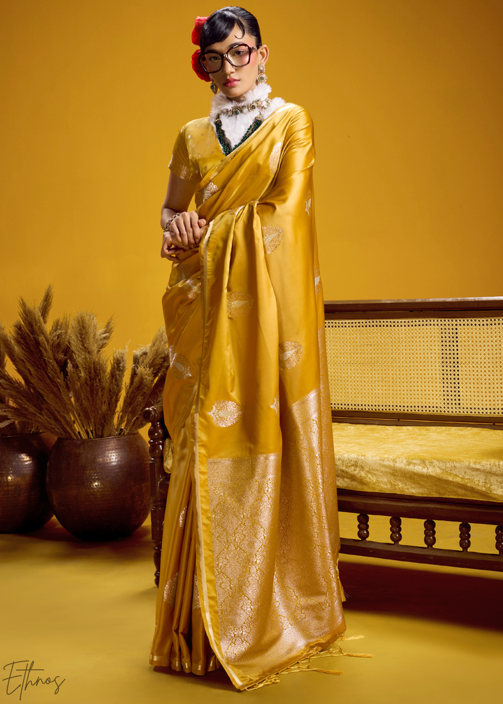 Saffron Golden Gold-Infused Jacquard Satin Silk Saree