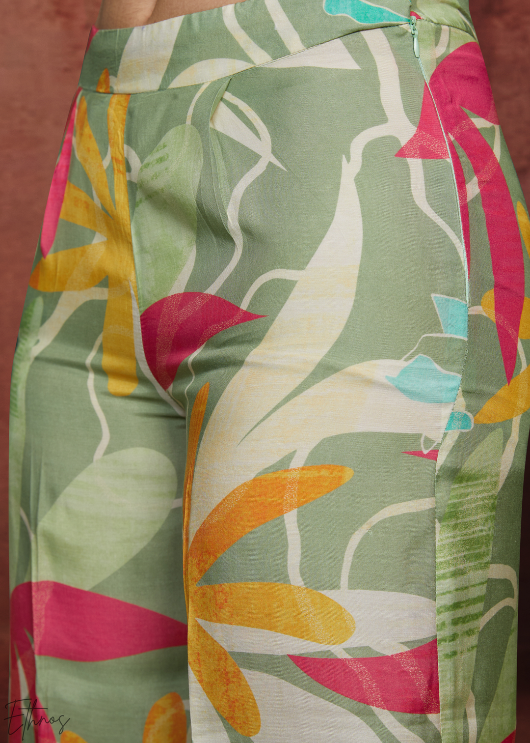 Sage Abstract Floral Muslin Wide Leg Co-Ord Pant Set