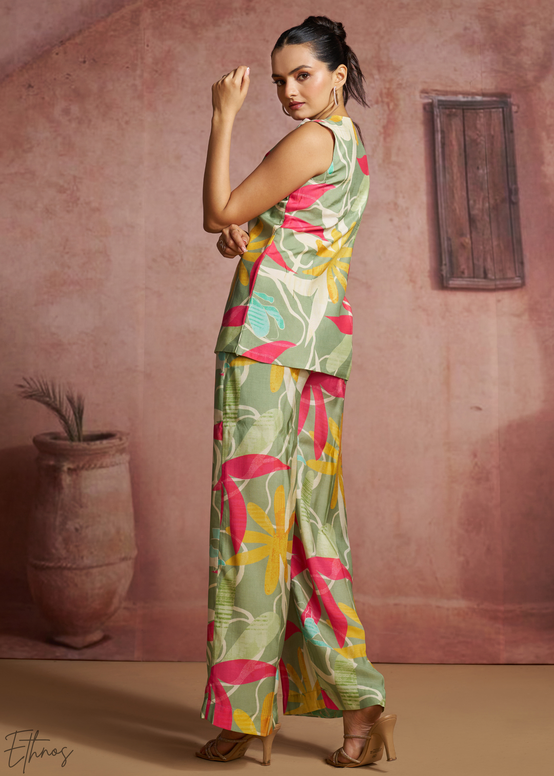 Sage Abstract Floral Muslin Wide Leg Co-Ord Pant Set