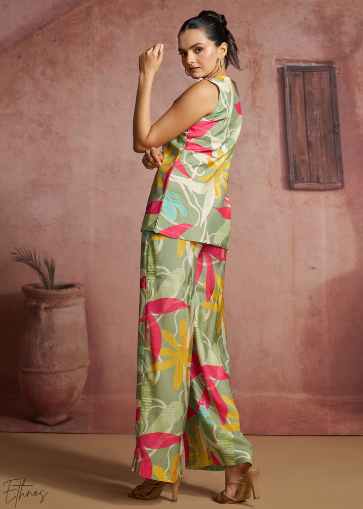 Sage Abstract Floral Muslin Wide Leg Co-Ord Pant Set