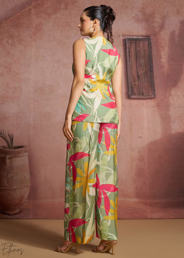 Sage Abstract Floral Muslin Wide Leg Co-Ord Pant Set