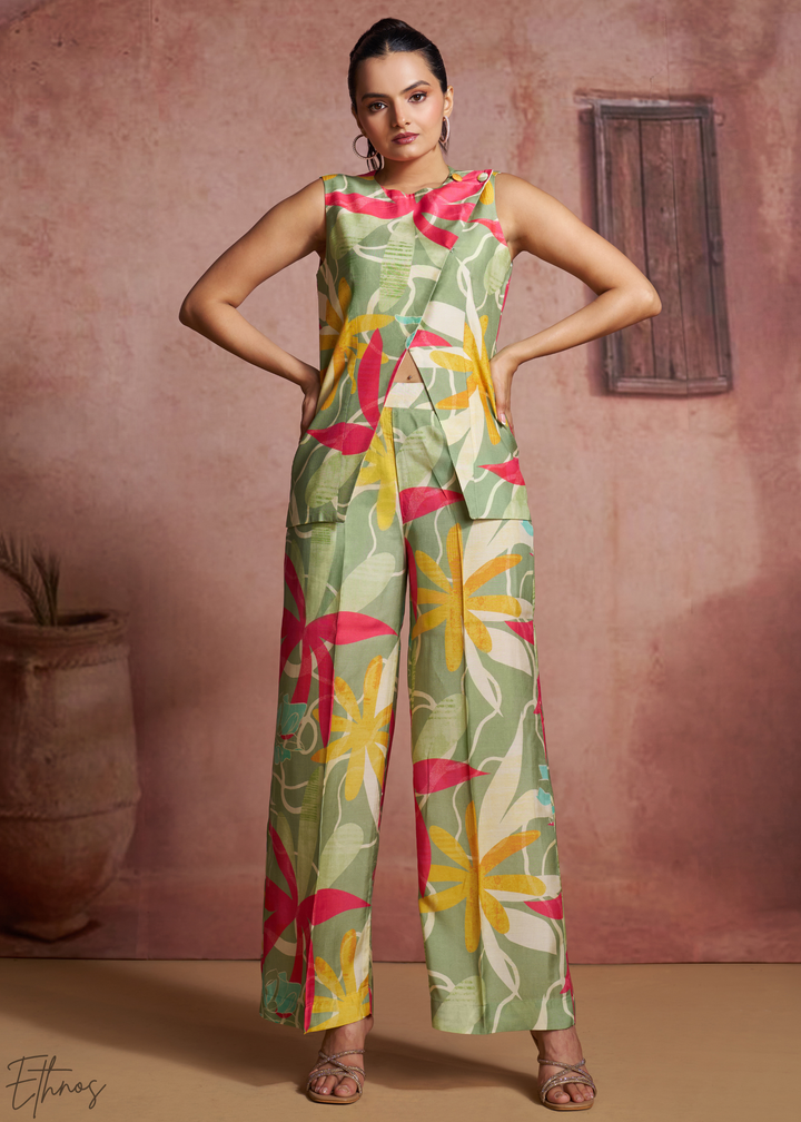 Sage Abstract Floral Muslin Wide Leg Co-Ord Pant Set