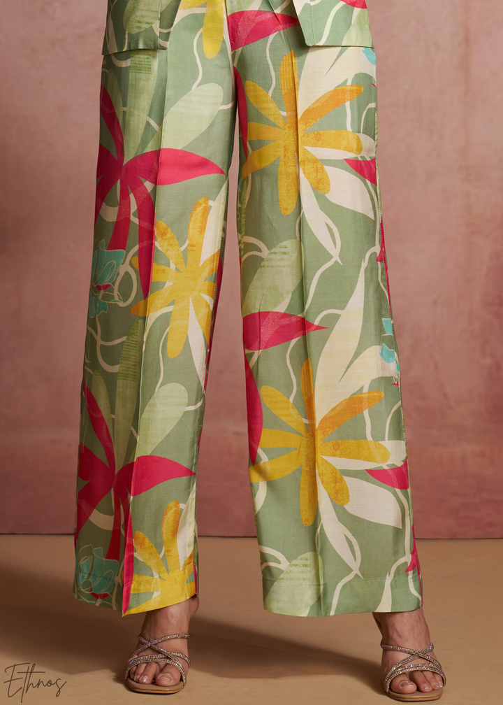 Sage Abstract Floral Muslin Wide Leg Co-Ord Pant Set