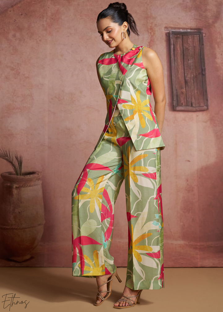 Sage Abstract Floral Muslin Wide Leg Co-Ord Pant Set