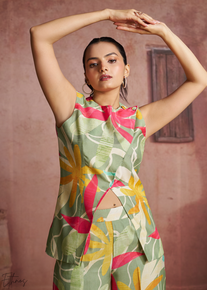 Sage Abstract Floral Muslin Wide Leg Co-Ord Pant Set