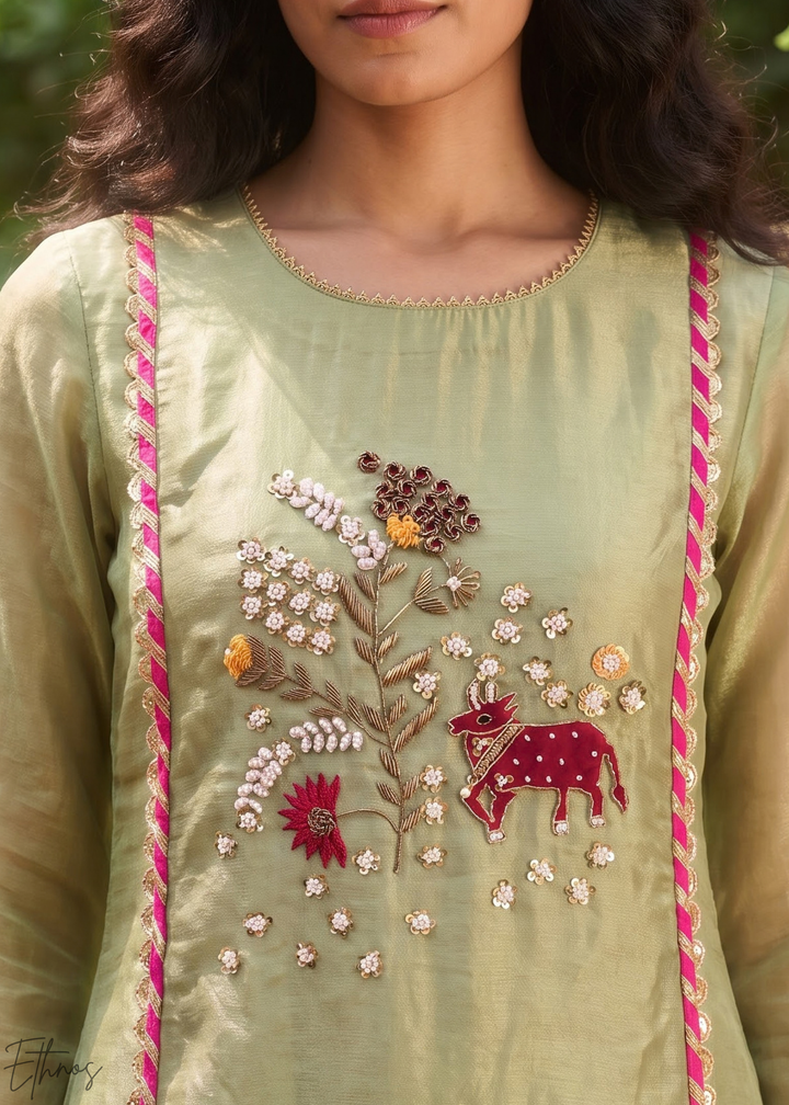 Sage Blossom Filigree Tissue Palazzo Suit