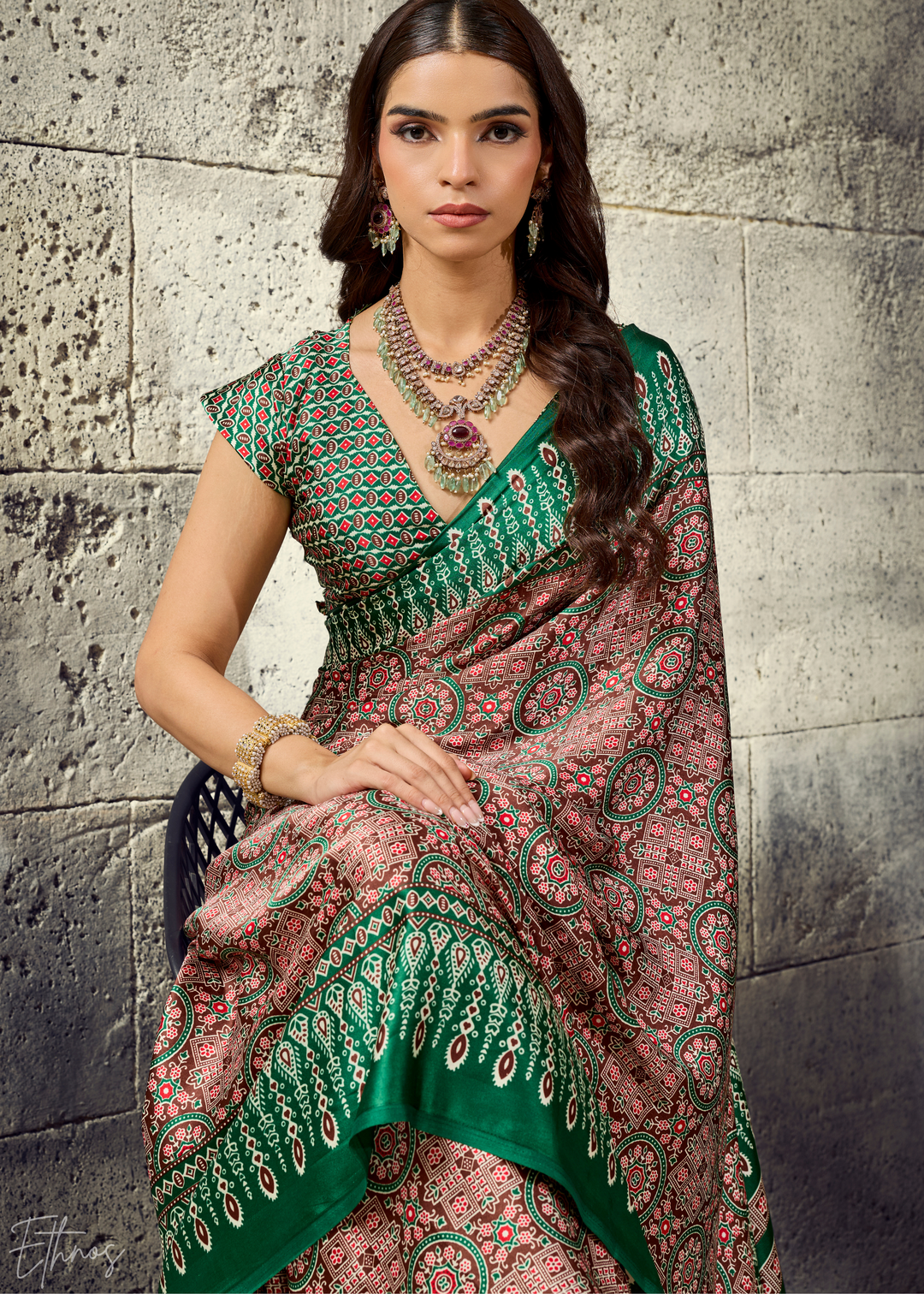 Sage Emerald Ajrakh Printed Modal Satin Saree