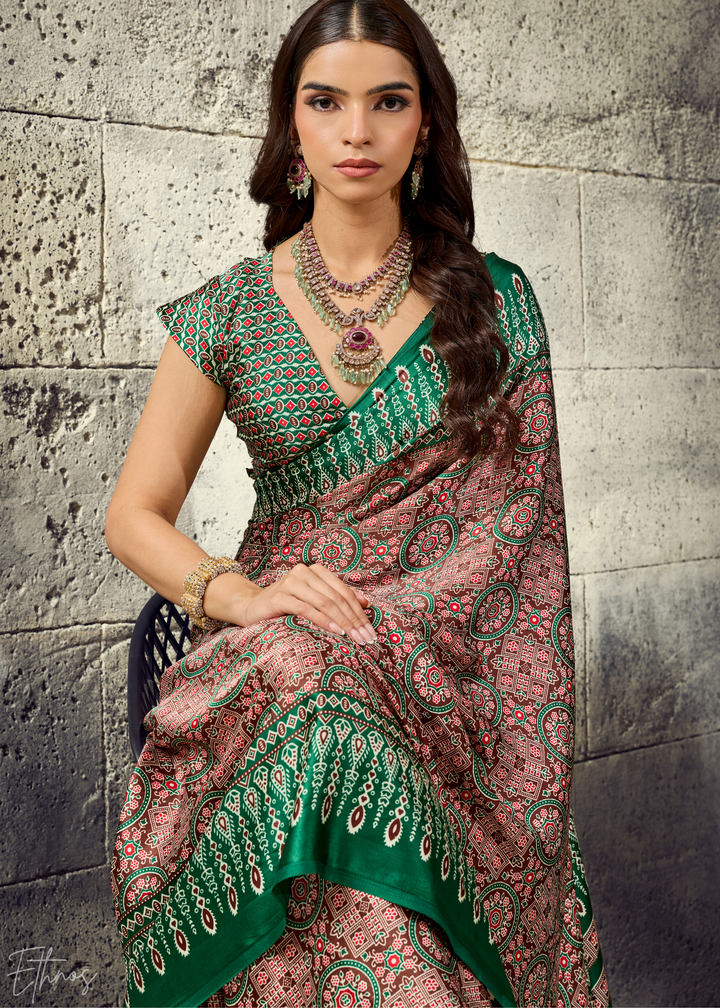 Sage Emerald Ajrakh Printed Modal Satin Saree