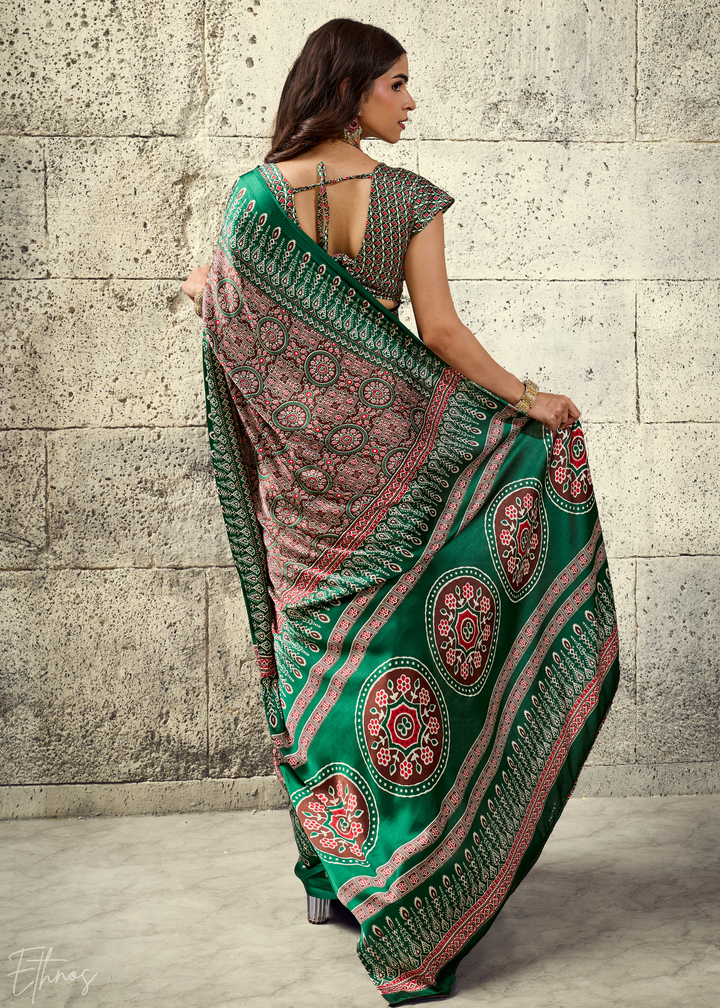 Sage Emerald Ajrakh Printed Modal Satin Saree