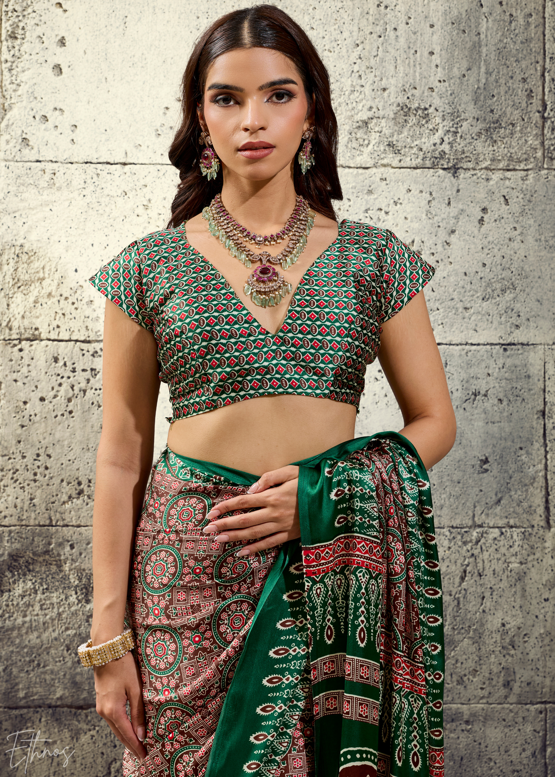 Sage Emerald Ajrakh Printed Modal Satin Saree