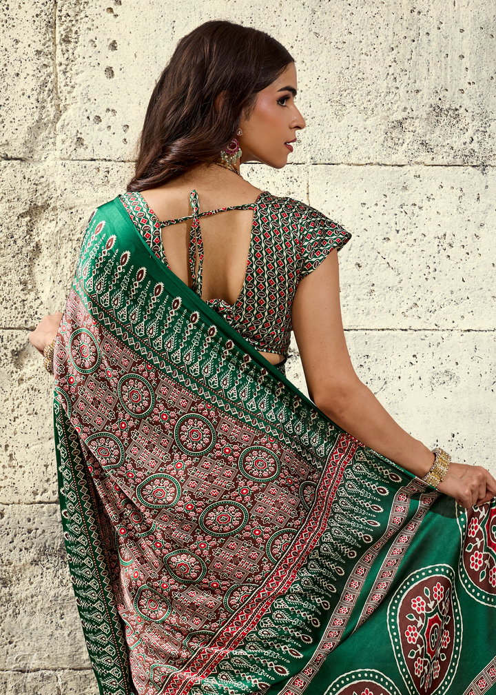 Sage Emerald Ajrakh Printed Modal Satin Saree