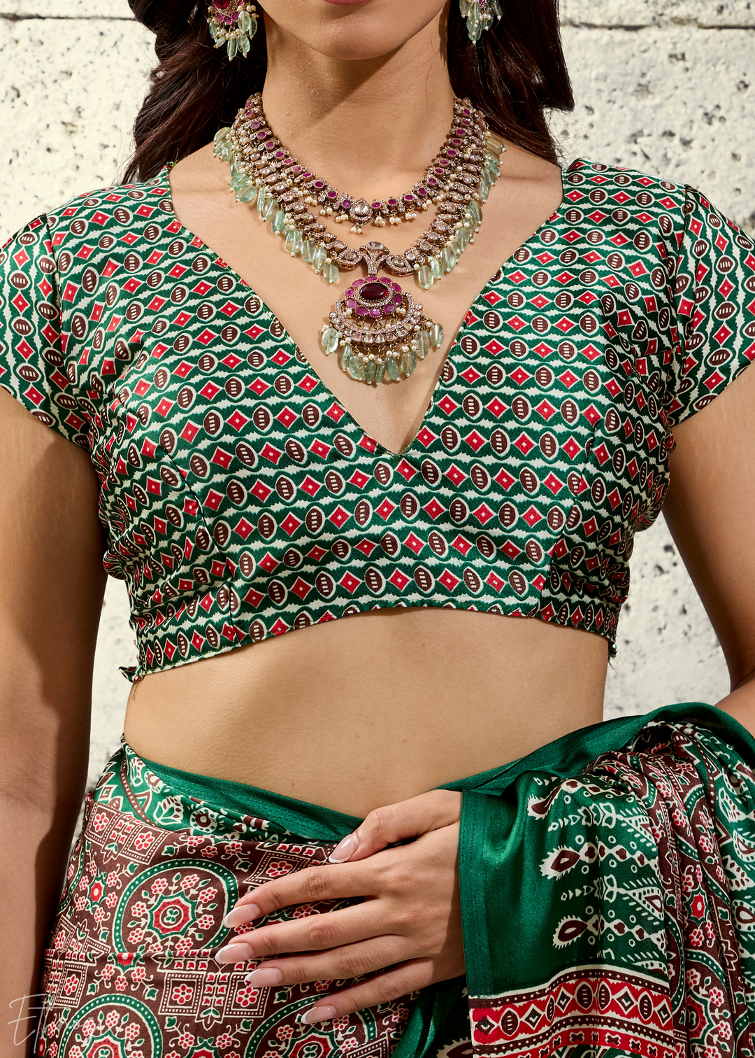 Sage Emerald Ajrakh Printed Modal Satin Saree