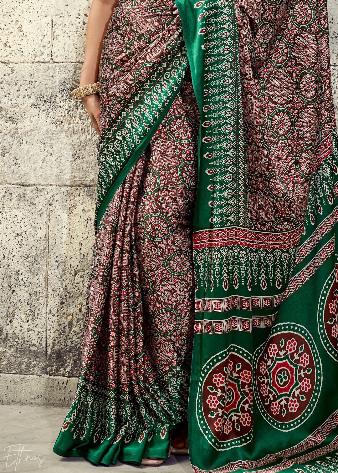Sage Emerald Ajrakh Printed Modal Satin Saree
