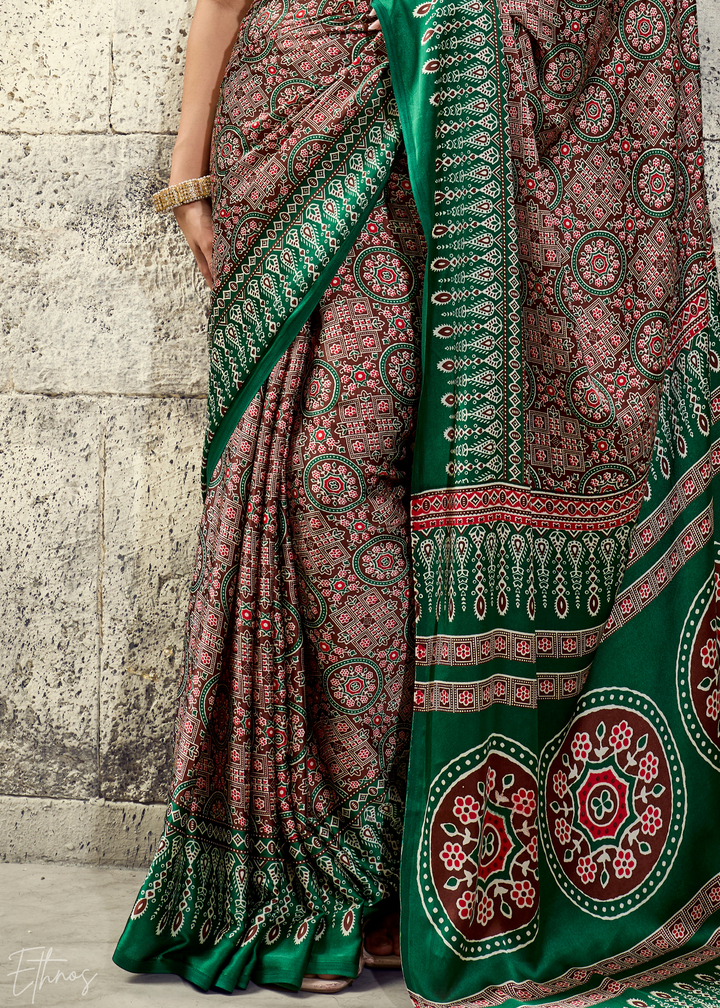 Sage Emerald Ajrakh Printed Modal Satin Saree