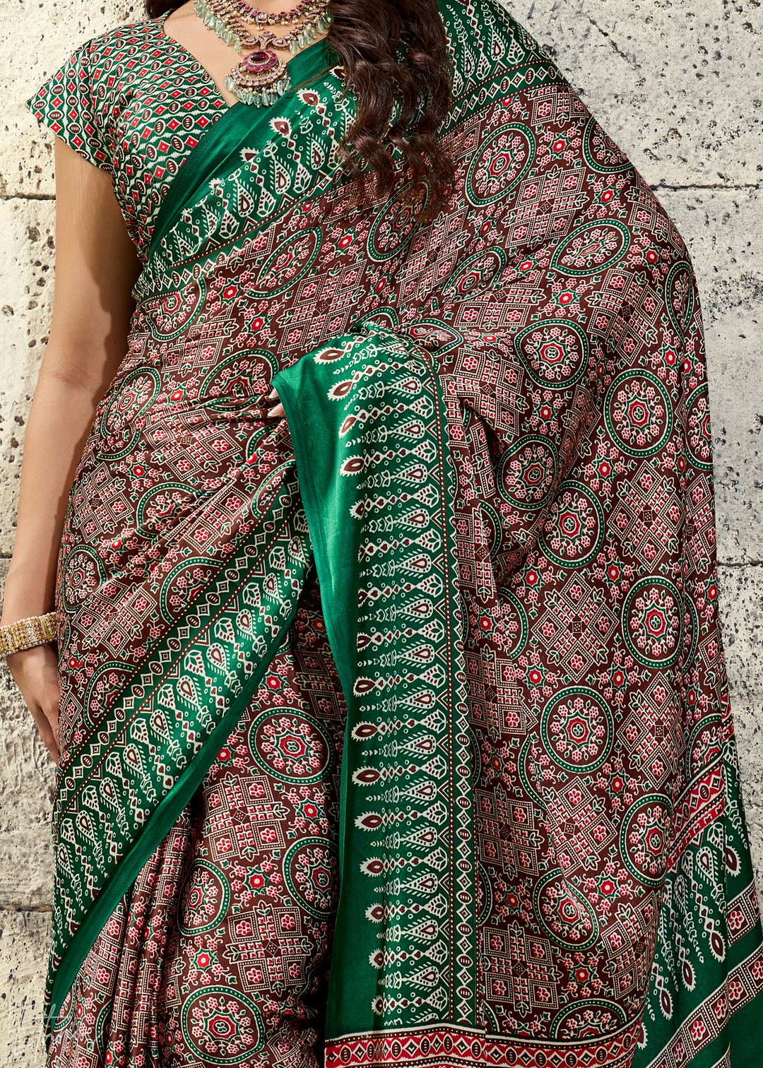 Sage Emerald Ajrakh Printed Modal Satin Saree