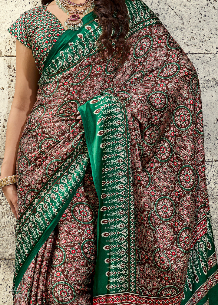 Sage Emerald Ajrakh Printed Modal Satin Saree
