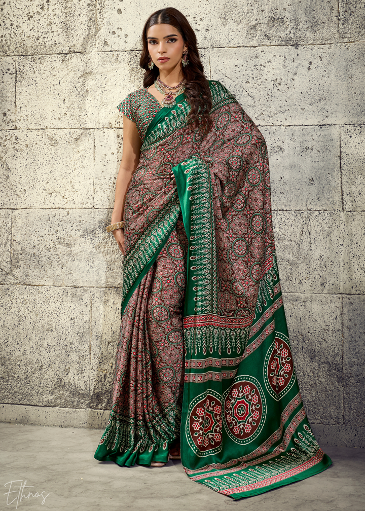 Sage Emerald Ajrakh Printed Modal Satin Saree