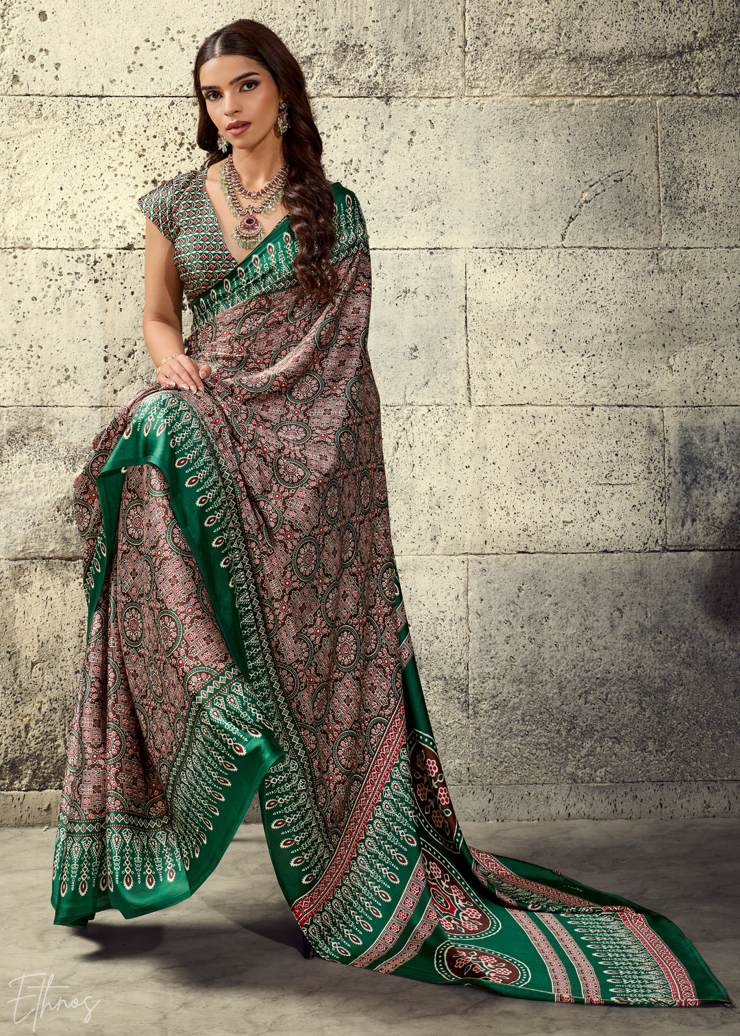 Sage Emerald Ajrakh Printed Modal Satin Saree