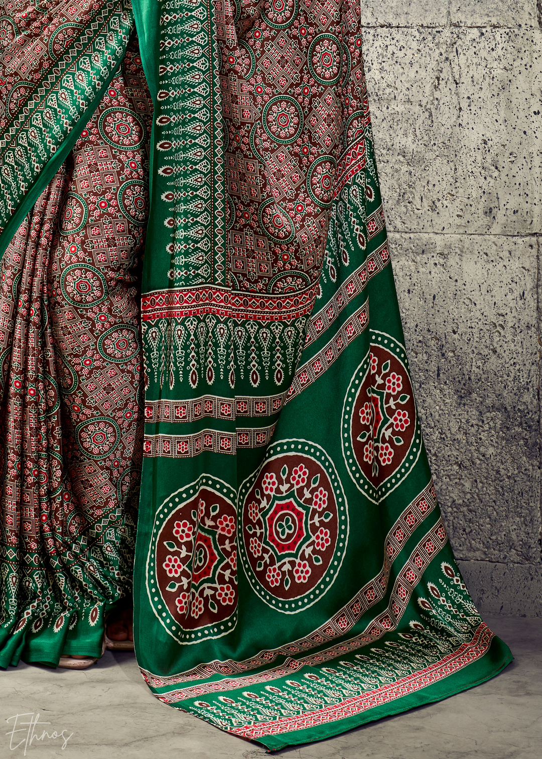 Sage Emerald Ajrakh Printed Modal Satin Saree