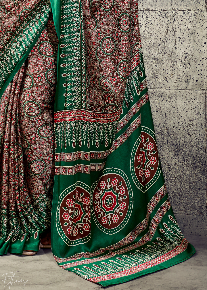 Sage Emerald Ajrakh Printed Modal Satin Saree