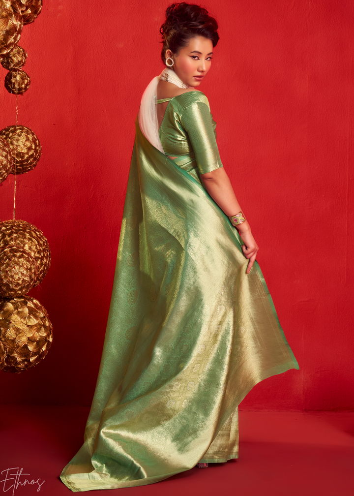 Sage Emerald Kanjeepuram Woven Zari Border Tissue Silk Saree