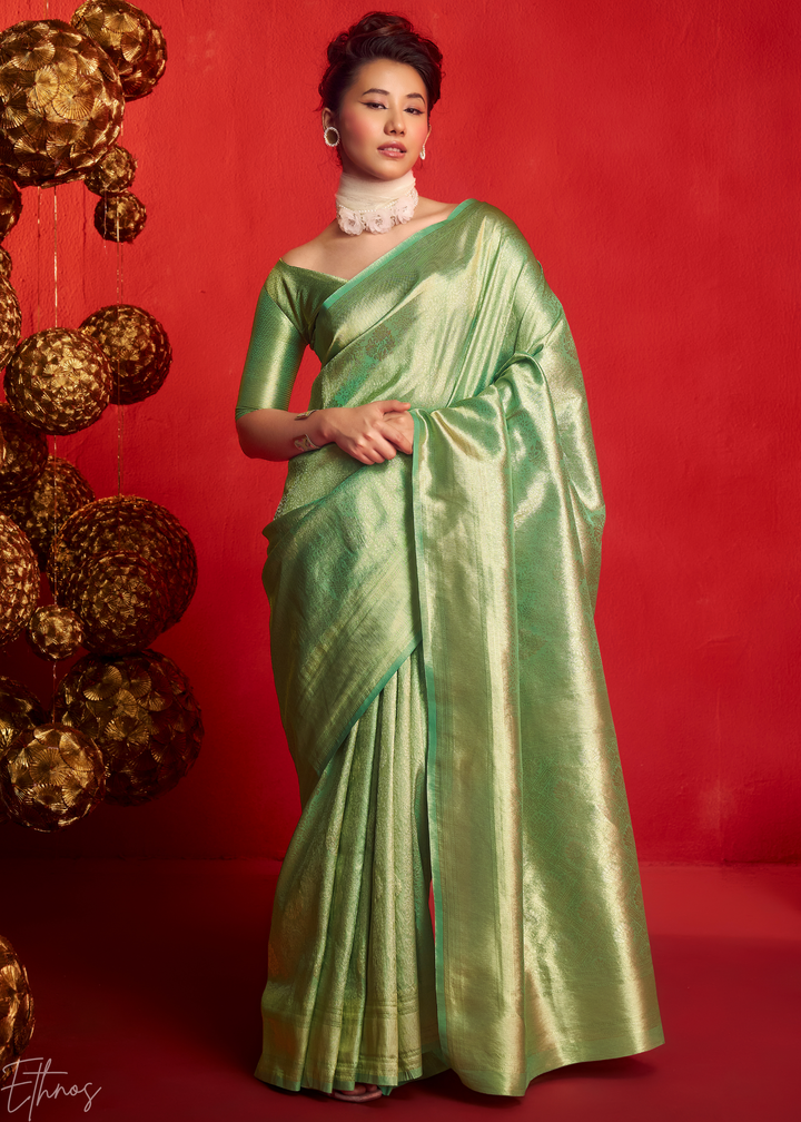 Sage Emerald Kanjeepuram Woven Zari Border Tissue Silk Saree