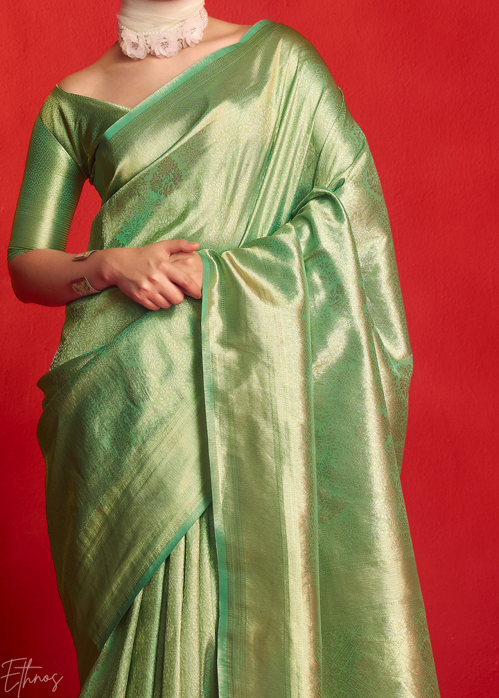 Sage Emerald Kanjeepuram Woven Zari Border Tissue Silk Saree