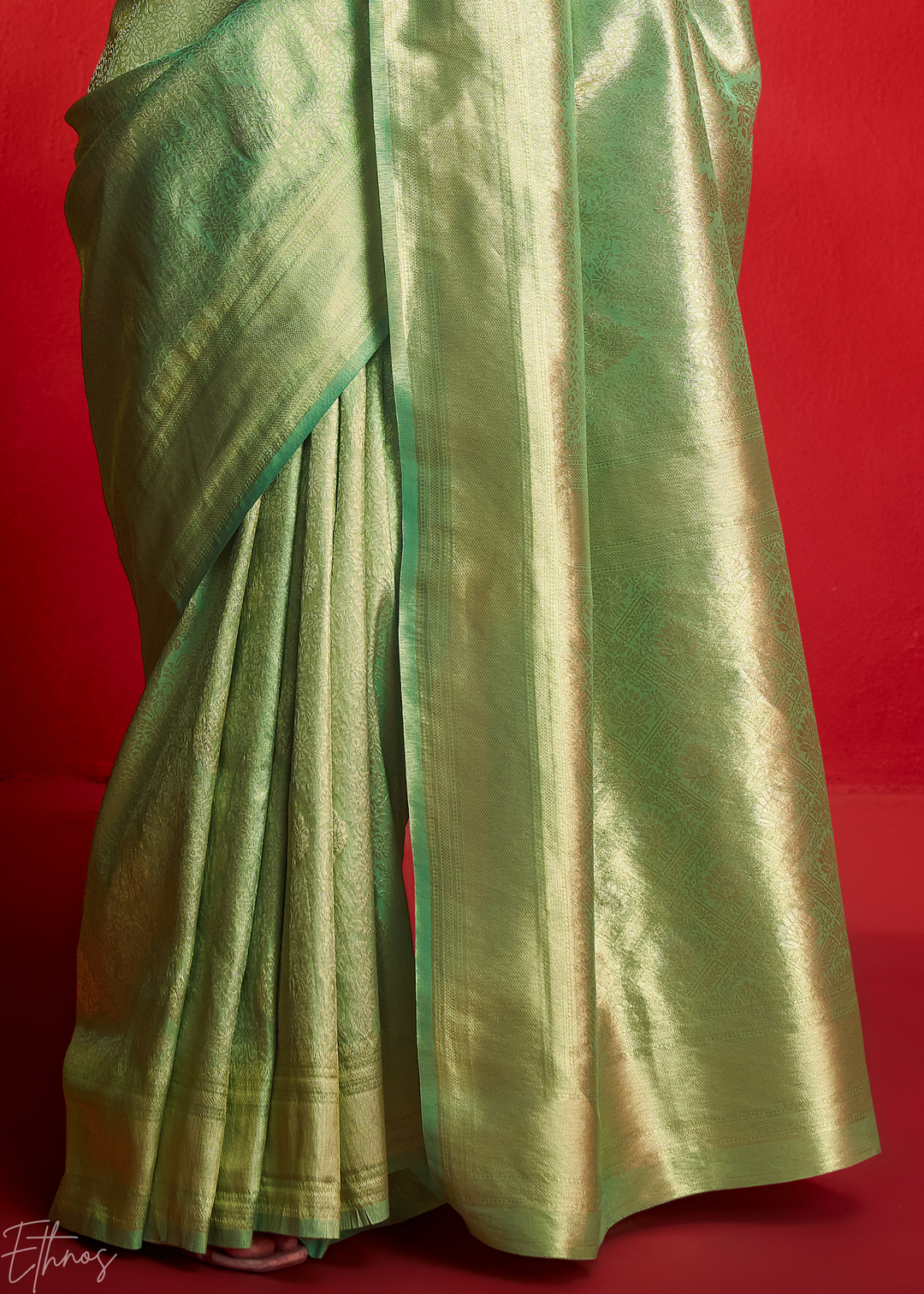 Sage Emerald Kanjeepuram Woven Zari Border Tissue Silk Saree