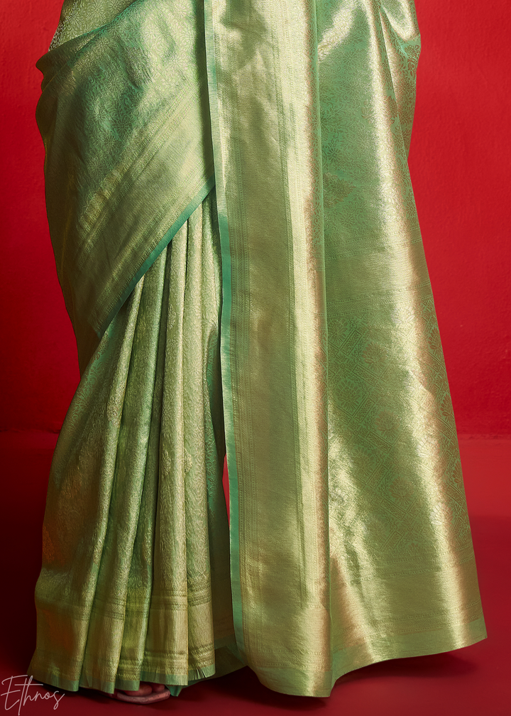 Sage Emerald Kanjeepuram Woven Zari Border Tissue Silk Saree