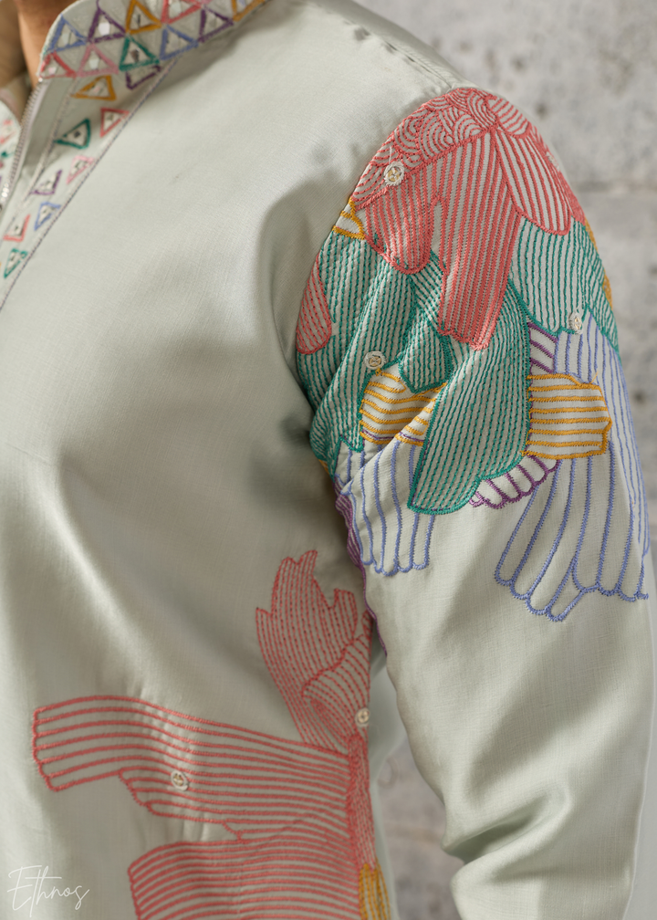 Sage Green Abstract-Flora Silk Kurta Pajama Set