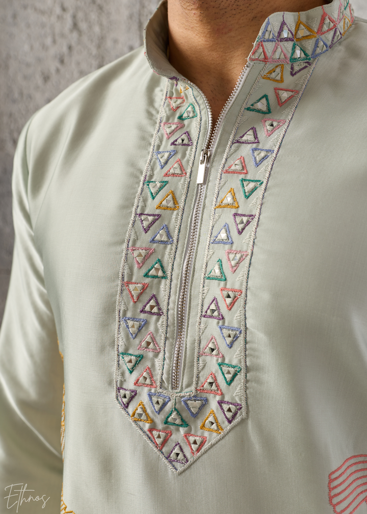 Sage Green Abstract-Flora Silk Kurta Pajama Set