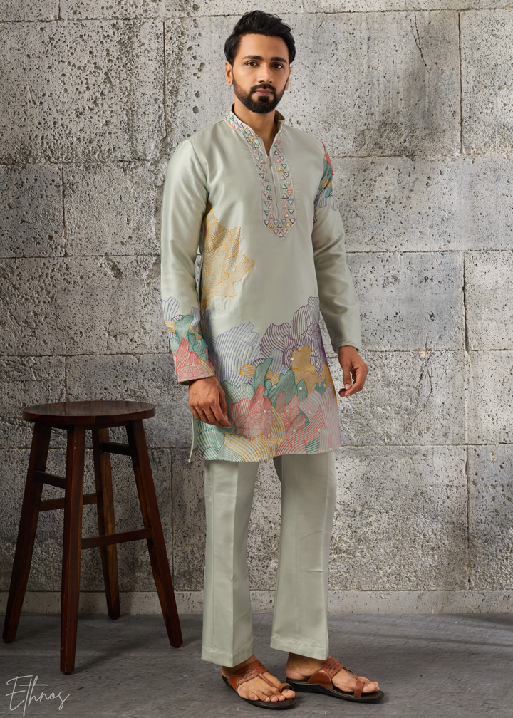 Sage Green Abstract-Flora Silk Kurta Pajama Set