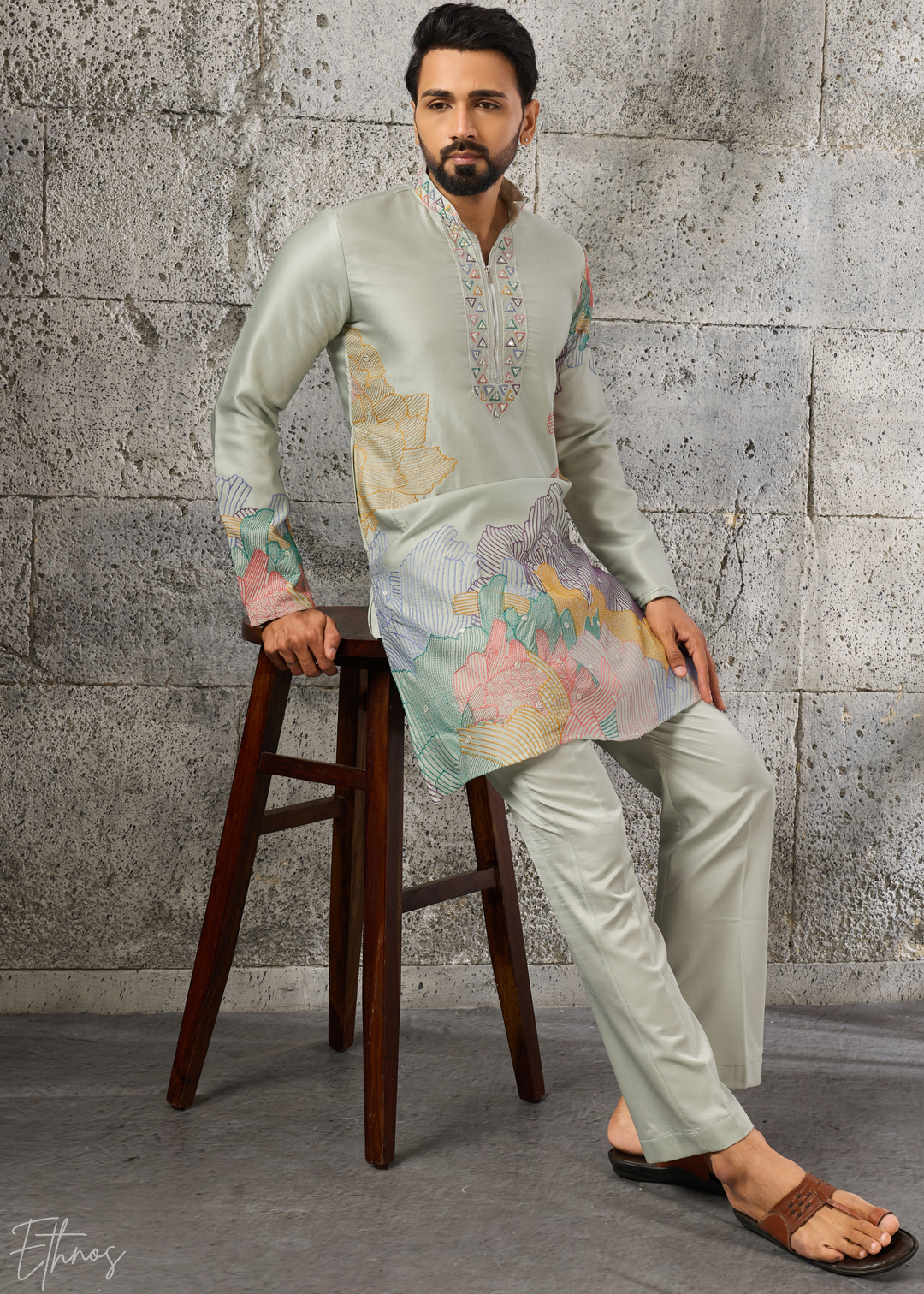 Sage Green Abstract-Flora Silk Kurta Pajama Set