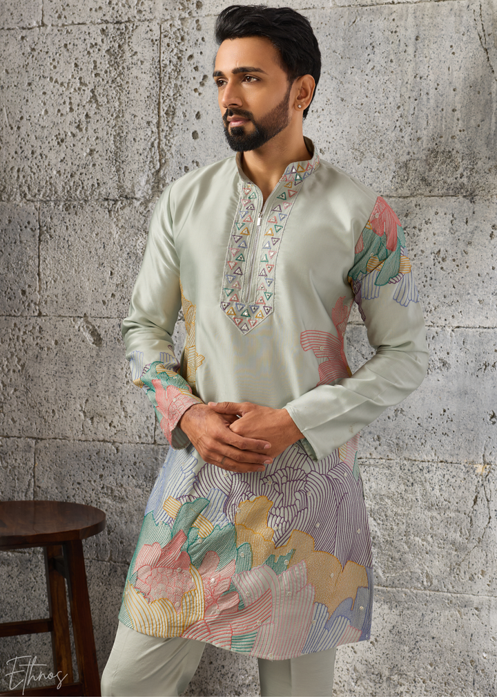 Sage Green Abstract-Flora Silk Kurta Pajama Set
