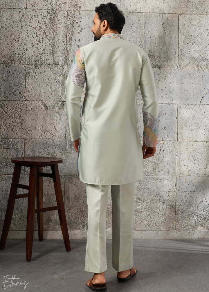 Sage Green Abstract-Flora Silk Kurta Pajama Set