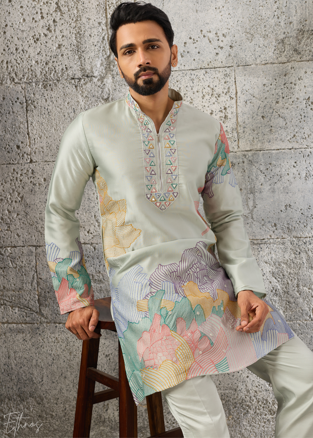 Sage Green Abstract-Flora Silk Kurta Pajama Set