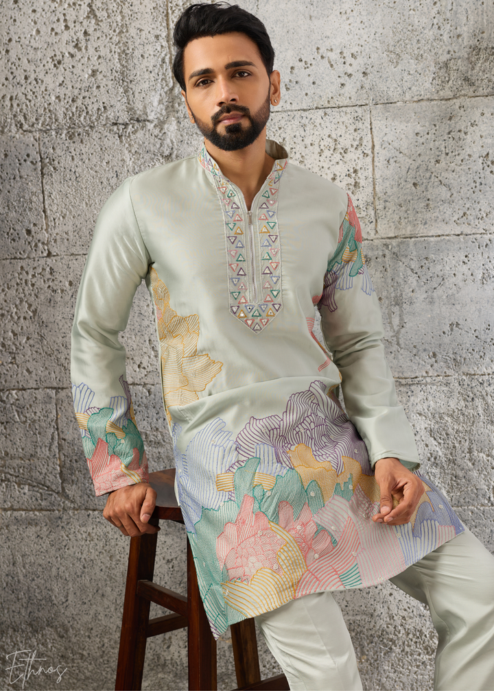 Sage Green Abstract-Flora Silk Kurta Pajama Set