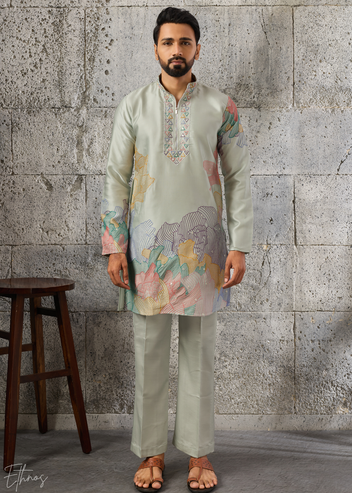 Sage Green Abstract-Flora Silk Kurta Pajama Set
