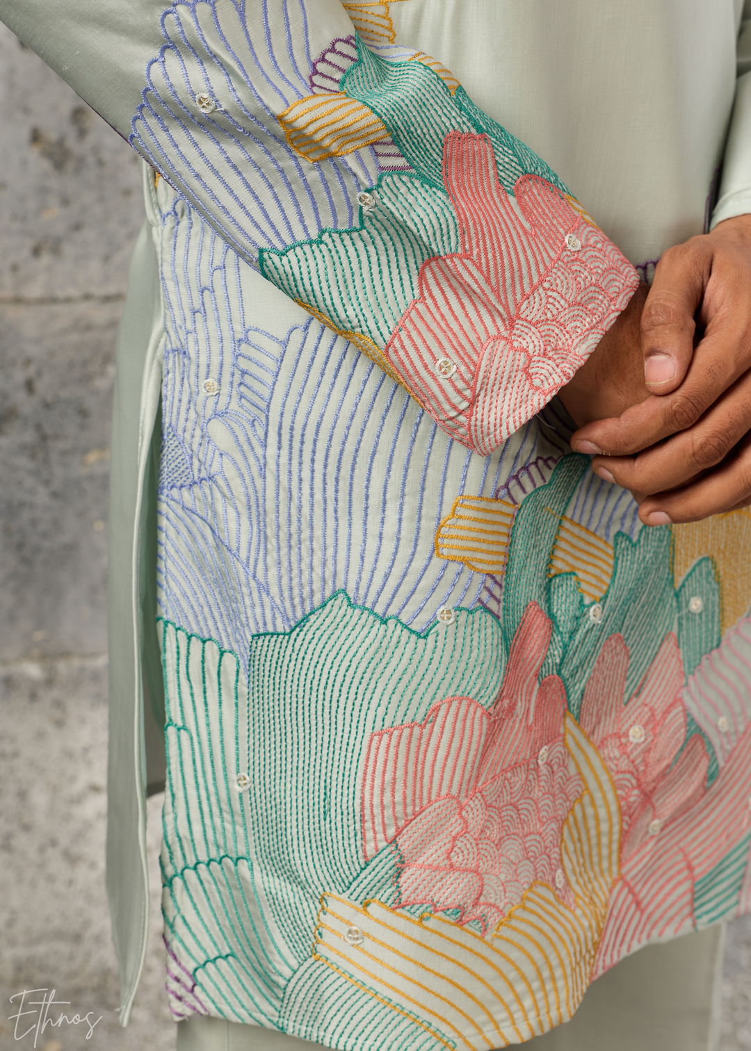 Sage Green Abstract-Flora Silk Kurta Pajama Set