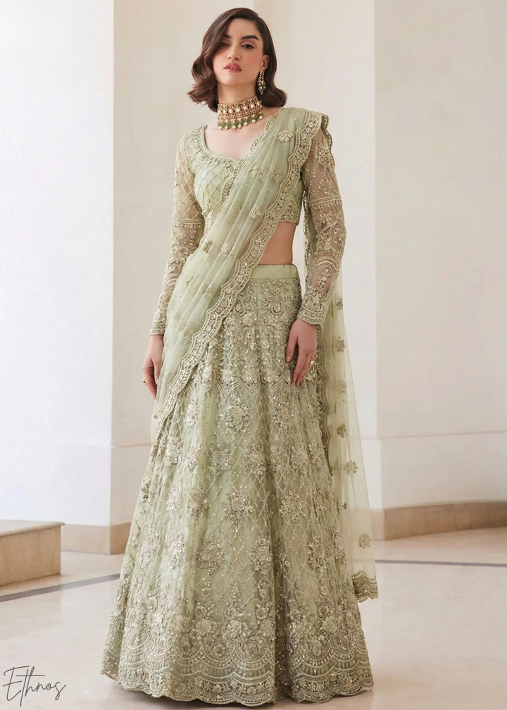 Sage Green All-Over Sequin Embroidered Net Lehenga Choli