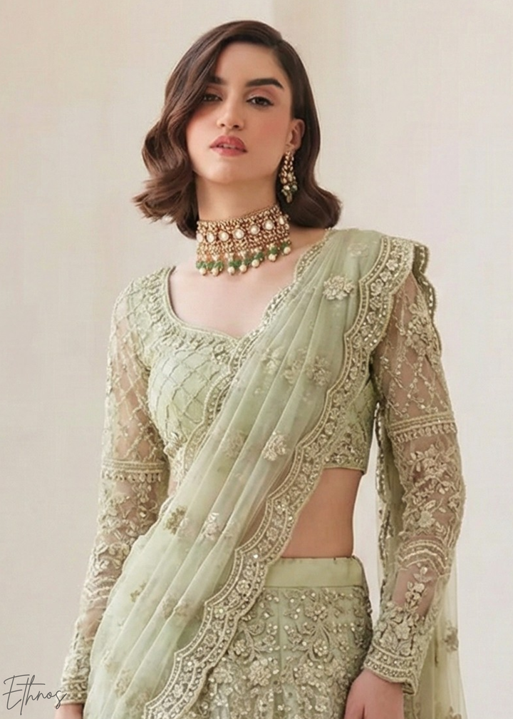 Sage Green All-Over Sequin Embroidered Net Lehenga Choli