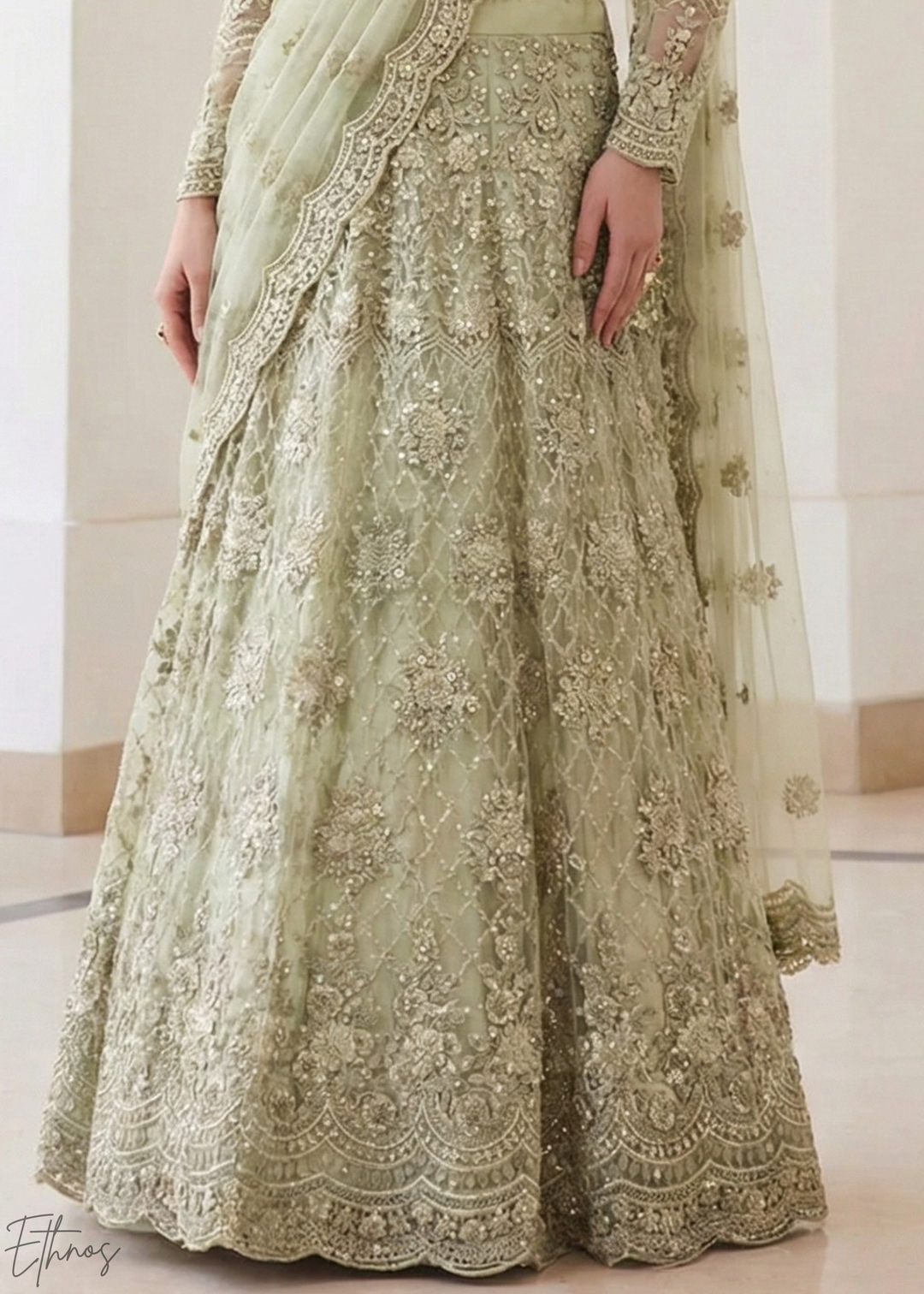 Sage Green All-Over Sequin Embroidered Net Lehenga Choli