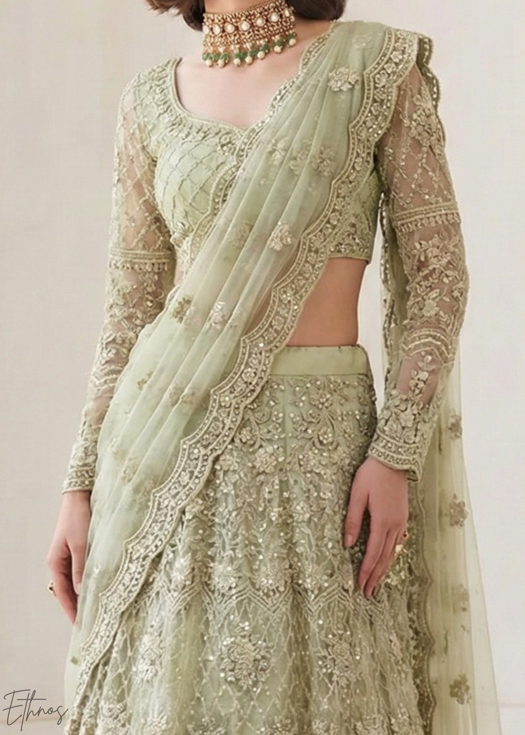 Sage Green All-Over Sequin Embroidered Net Lehenga Choli