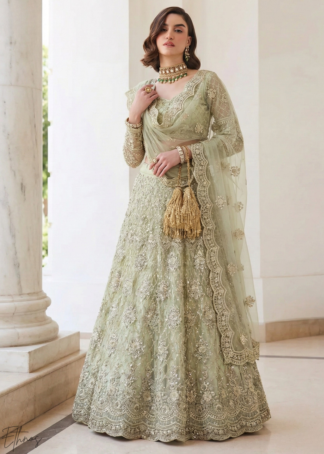 Sage Green All-Over Sequin Embroidered Net Lehenga Choli