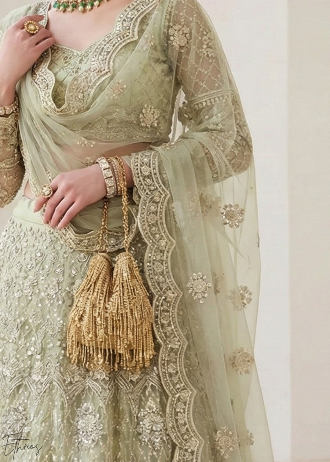 Sage Green All-Over Sequin Embroidered Net Lehenga Choli
