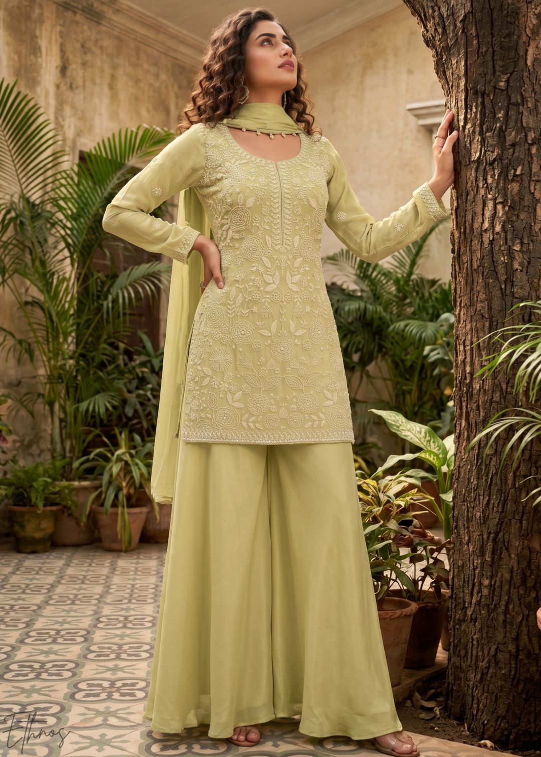 Sage Green Beaded-Breeze Chinon Sharara Suit