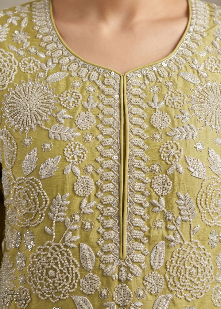 Sage Green Beaded-Breeze Chinon Sharara Suit