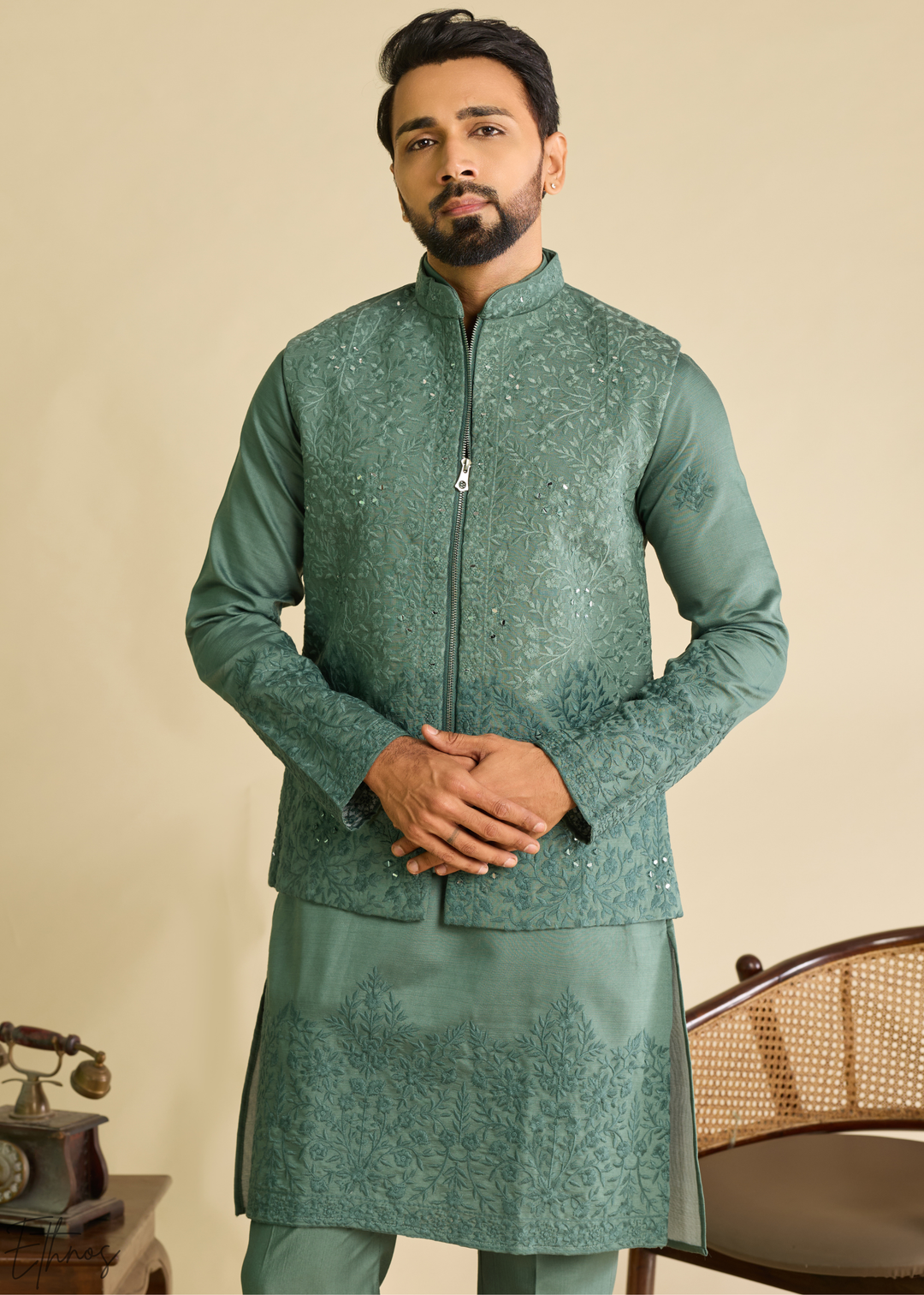 Sage Green Blossom-Vine Silk Tunic Vest Set